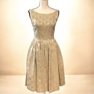 Vintage 50s Champagne Gold Brocade Fit & Flare Dress V-Back Cocktail Party XS